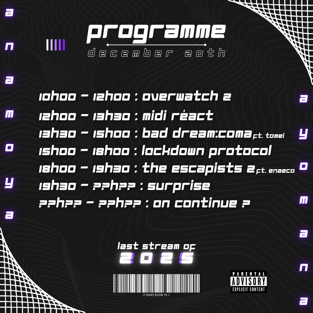 Demain. 10h. "Petit" stream pour le dernier live de 2025 !!!!
On fera pleins d'activités et avec pleins de gens, dont certains jeux qui seront ouverts aux viewers/vieweuses !! 

#vtuberfr
