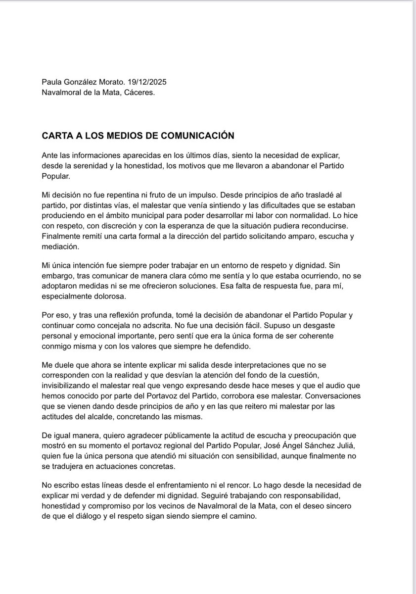 La concejala del PP de Navalmoral de la Mata, Extremadura, ha enviado a los medios esta carta. 

Señora <a href="/MGuardiolaM/">María Guardiola</a>, y  <a href="/ppopular/">Partido Popular</a> por qué habéis tratado así a esta mujer? 

¡Es tremendo! Que rule.