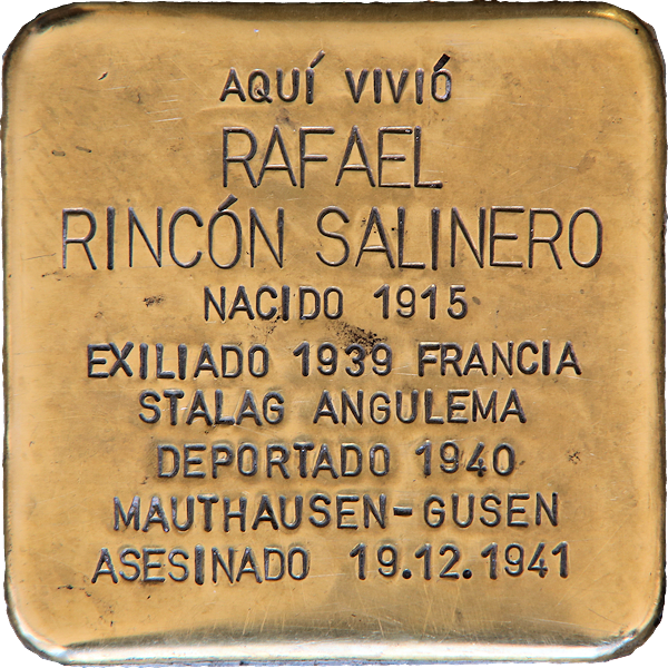 IStolpersteine's tweet photo. #OTD en 1941 fue asesinado en el castillo de Hartheim [sic]

RAFAEL RINCÓN SALINERO
🔻 #deportado #Convoy927

En el lugar que fue su domicilio, en Ciudad Real, donde nació, un 🟨 #Stolpersteine le recuerda.

"Una piedra, un nombre, una persona"

#RememberHartheim https://t.co/fJAKZvxRXH