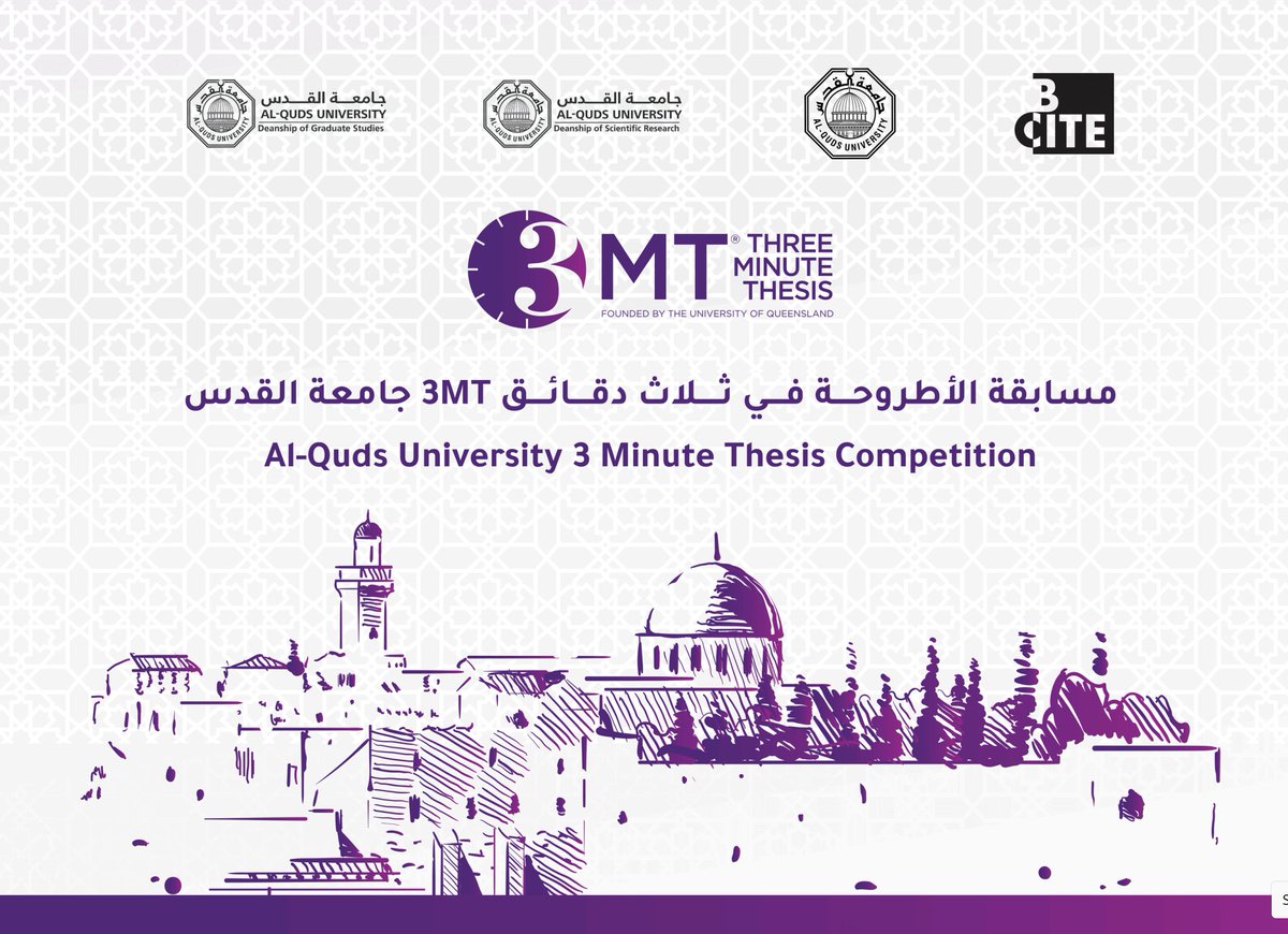 ElhamKateeb's tweet image. Tomorrow is the day!
Big ideas! Three minutes! One stage!
Don't forget to join us for the Three Minute Thesis (3MT®) Competition!
🗓 Tomorrow | 20 December 2025
⏰ 11:00 AM – 1:00 PM
📍 @AlQudsU  – Main Campus, Mudarraj Al-Adab