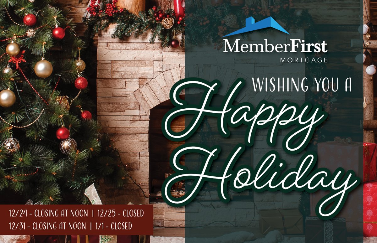 #HappyHolidays! ❄️⛄️ MFM will be closing at noon EST on Wednesday, December 24 and will be closed all day Thursday, December 25. We will re-open for normal business hours on Friday, December 26. We hope you have a wonderful #Christmas! #MemberFirstMortgage 🎅🎄