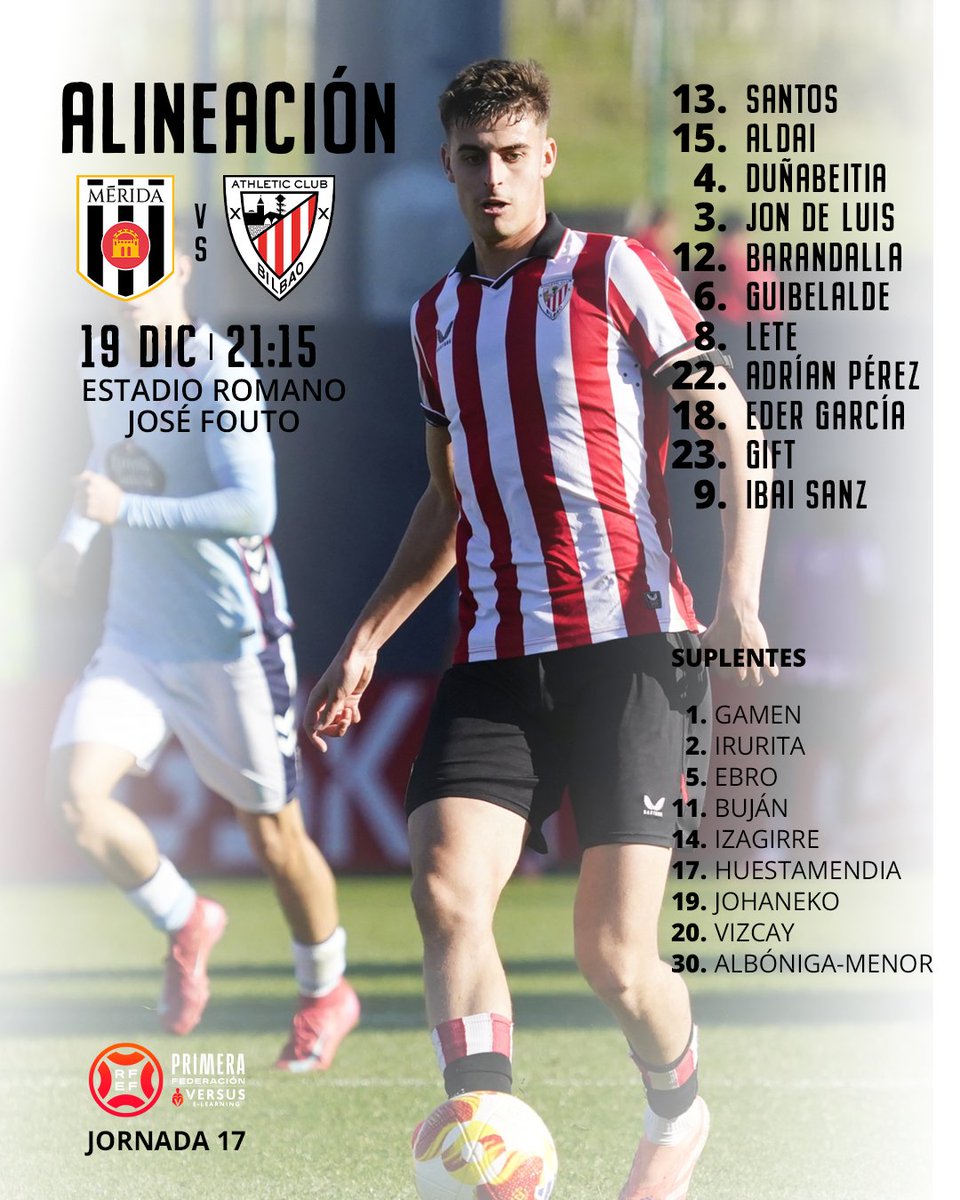 AthleticClub's tweet image. 📌 #BILBAOATHLETIC

📋 𝗔𝗟𝗜𝗡𝗘𝗔𝗖𝗜𝗢́𝗡 I El once de los cachorros para jugar ante el @Merida_AD

✊ Goazen, mutilak!

#MéridaBilbaoAthletic #AthleticLezama 🦁