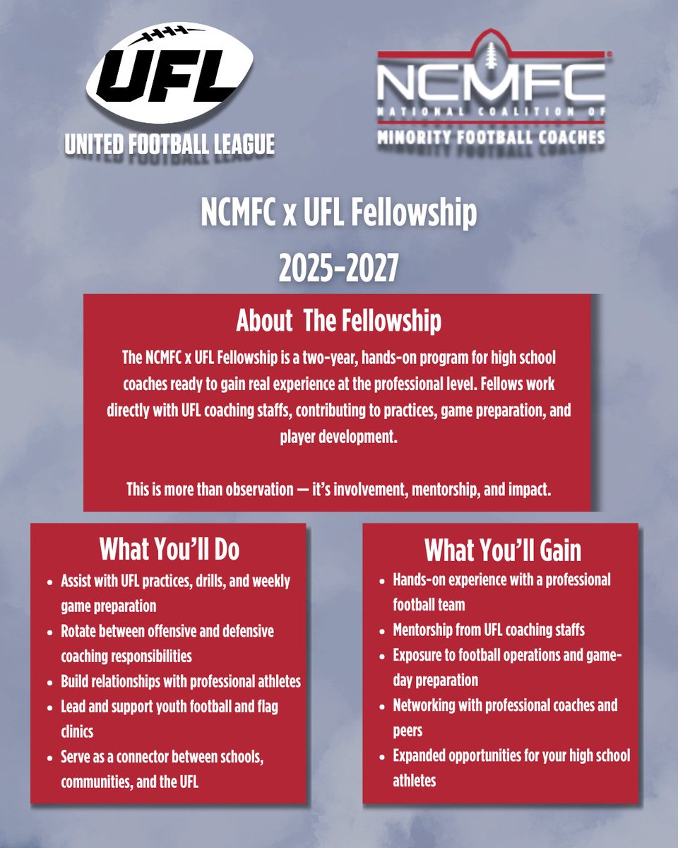 NCMFC1's tweet photo. Applications for the NCMFC x @TheUFL Fellowship are open!

All applications MUST be submitted with a current background check to be considered.

Apply Here: https://t.co/VupyEgJlYH

Applications close on Friday, Jan 26th. https://t.co/NaTcc9ceRe