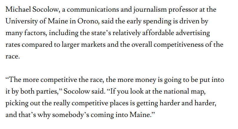 I'm quoted in today's <a href="/PressHerald/">Portland Press Herald</a> on the huge amounts of money being poured into Maine's 2026 Senate race already.

Many factors, including a competitive Democratic primary and an incumbent with a huge funding base in D.C., are playing a role.

pressherald.com/2025/12/19/mai…