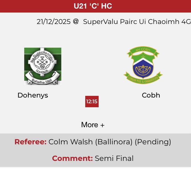OfficialCobhGAA's tweet photo. U21 C Hurling Semi Final on Sunday at 12:15 at SuperValu Páirc Uí Chaoimh 4G
Get your colours on and don't miss it.
Ní neart go cur le chéile
#CobhDNA https://t.co/L4khYszP9E