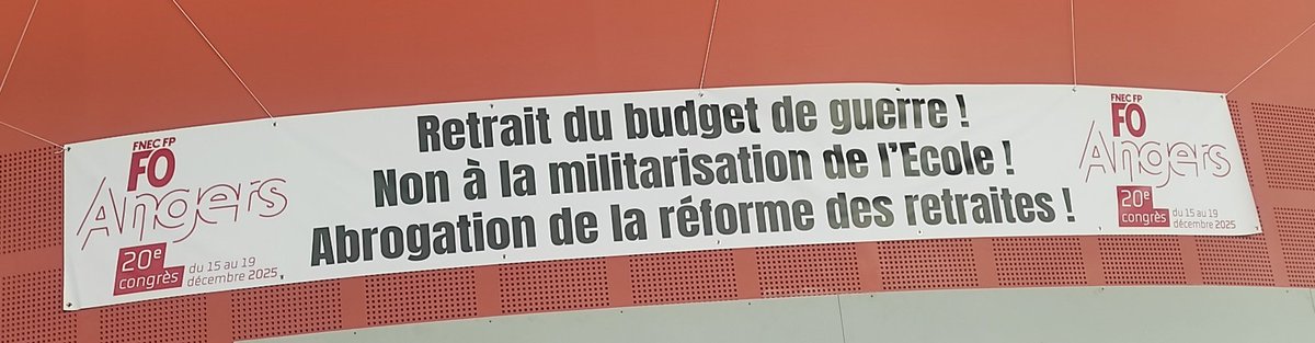 20ème Congrès de la FNEC FP-FO ✊ Nous restons déterminés à tout mettre en œuvre pour bloquer ce gouvernement qui accélère la destruction de l'École, de la Culture et de la Formation professionnelle. Nous ne le laisserons pas entraîner la jeunesse dans sa marche à la guerre.