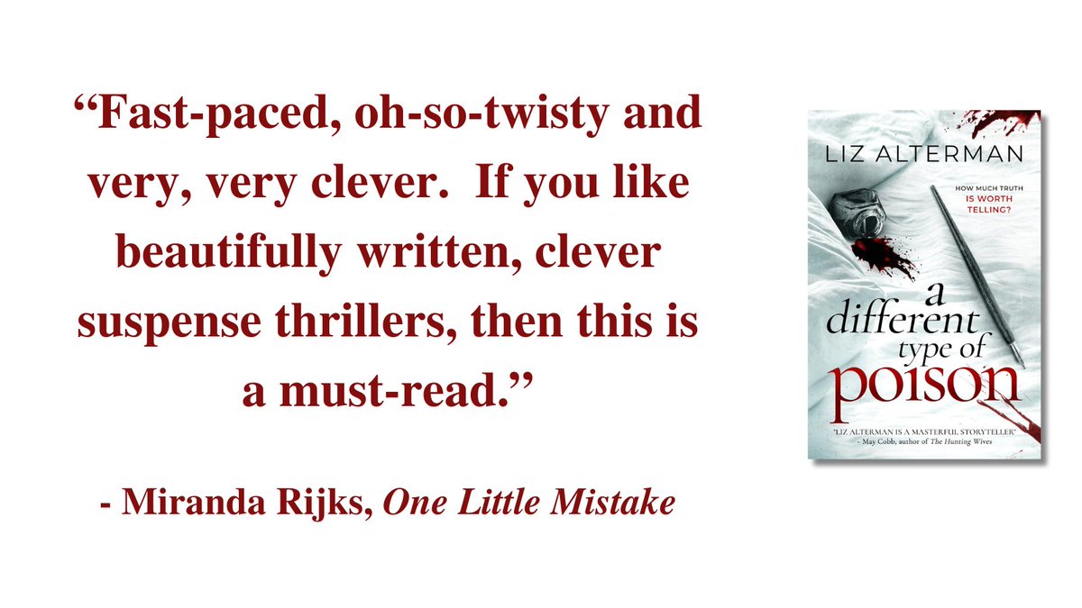 WomenWriters's tweet photo. "This book is fast-paced, oh-so-twisty and very, very clever. " - Miranda Rijks https://t.co/C8WOAQzkLB @LizAlterman https://t.co/Kk8QL0MAx1