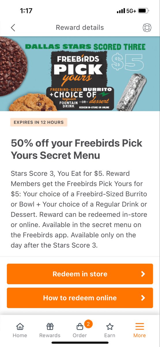 3SP00NS's tweet photo. @FREEBIRDS_WB can you explain what your offer is and how to use it?   Is it 50% off or a burrito and a drink for $5? Conflicting information. And I can’t get the reward to apply when I add those items in the app. https://t.co/Q97apfxSkZ