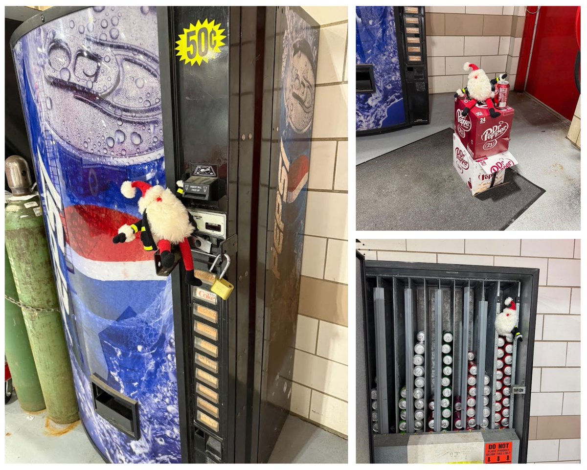 Today, Firehouse Santa discovered our soda machine! He created a list of what we were short on &amp; quickly got to work restocking the drinks. He tried to sneak in a milk button, but the crew said “Bah humbug” to that! #HoHoHoWhereWillHeGo #FirehouseSanta