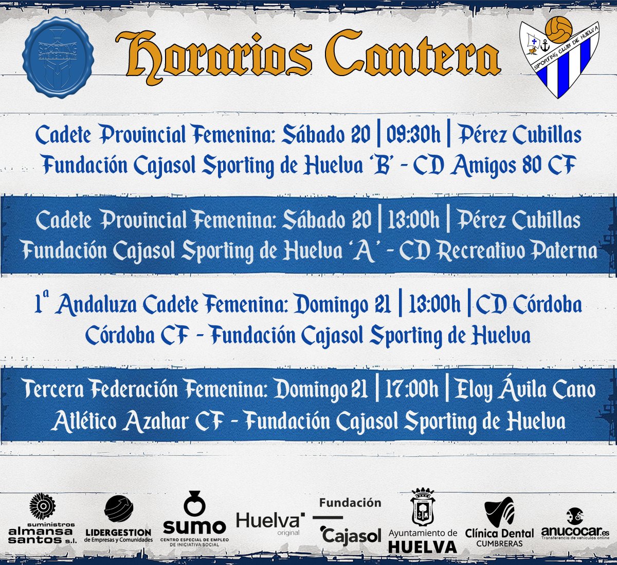 📅⚽️ Cantera sportinguista – Horarios del fin de semana

Mañana, día 20, nuestras alevines, infantiles y séniors participarán en el V Torneo Benéfico “Ningún Niñ@ Sin Juguete” celebrado en el Campo de Rugby🎁

Deporte, solidaridad y fútbol en clave albiazul 💙🤍