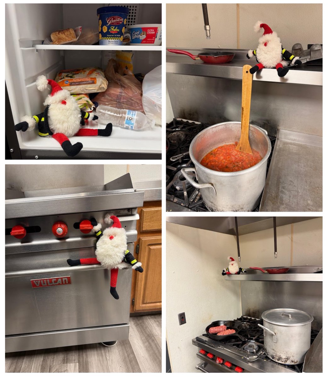 Firehouse Santa is on dinner duty tonight! He snatched our giant spoon to stir up the tortellini soup. He “dashed” in spices, “sprinkled” on the Parmesan &amp; was the Chief Taste Tester! He proudly proclaimed it worthy of 3 hearty Ho, Ho, Hos! #HoHoHoWhereWillHeGo #FirehouseSanta