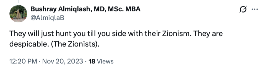StopAntisemites's tweet photo. Meet Cincinnati Children's researcher Dr. Bushray Almiqlash.

Dr. Almiqlash:
- refuses to condemn Hamas
- claims Zionists hunt people down & are despicable (the vast majority of Jewish people identify as Zionist)
- denies the atrocities of 10/7

Imagine being Jewish and working in a lab with this woman.