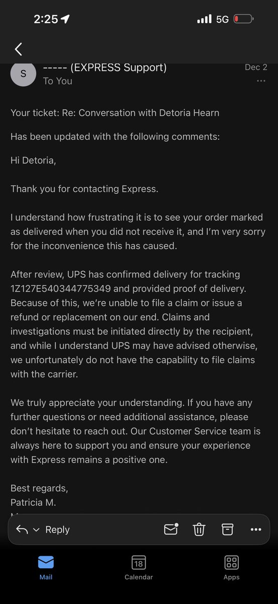 dladie1's tweet photo. I made a purchase to EXPRESS and my package was stolen. Their customer service department have refused to refund me and cooperate with UPS whom has been asking for documentation to complete the claim since 12/9/25. What kind of business are you running @express ? https://t.co/ZCzTqNOAwy