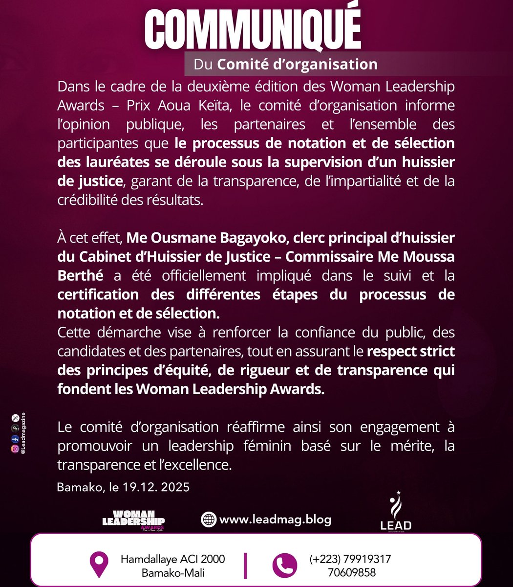 leadmagml's tweet image. #Communiqué | Woman Leadership Awards-Prix Aoua Keïta 2e édition 
#Huissier de Justice !
