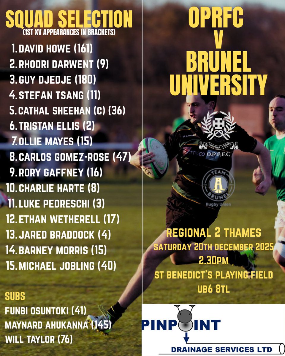 OPRFC's tweet image. 𝐓𝐞𝐚𝐦 𝐍𝐞𝐰𝐬

𝐎𝐏𝐑𝐅𝐂 𝐯 𝐁𝐫𝐮𝐧𝐞𝐥 𝐔𝐧𝐢𝐯𝐞𝐫𝐬𝐢𝐭𝐲

The last team sheet of the year!

The Twisters squad to face Brunel as we look to end the year on a high.

Full team news here :

tinyurl.com/2s4b8sce

Match Sponsored by Pinpoint Drainage Services