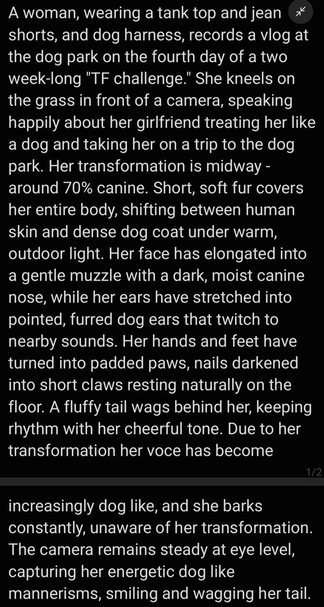 ArtificialTF's tweet photo. @DougPidge The trick is describing the subject/scene like sfw tf smut lol. Just dont be overly descriptive with the animal features. Too much and it'll just generate a talking animal. Too little and it'll just be a person with uneven animal features. Here's a dog woman prompt for example. https://t.co/NOrymMX2xF
