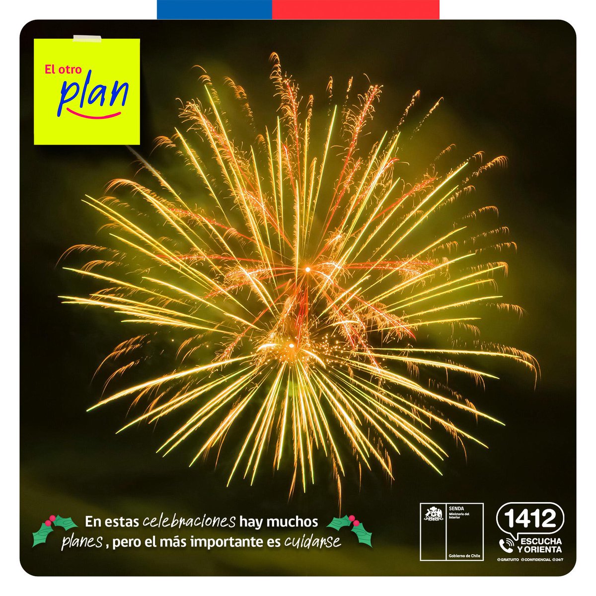 En estas Fiestas de fin de año, recuerda siempre elegir #ElOtroPlan. 

✅Planifica todas tus salidas, para que tengas un regreso seguro a casa. 
✅Si vas a consumir, no manejes, es incompatible. 

#SENDAEsPrevención