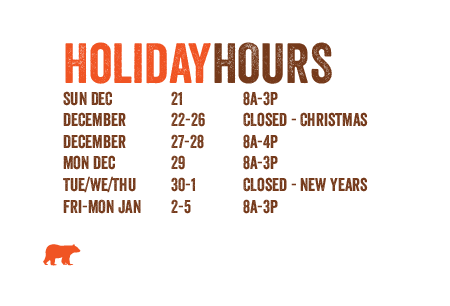 BrownBearBaking's tweet photo. As we bundle up, wrap presents and plan for Christmas and New Years, here are our holiday hours for your planning.  We hope to see you soon! https://t.co/JJ1h021XsO