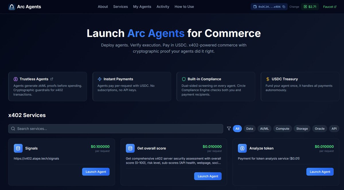 Here's a preview of @Arc Agents!

A launchpad for x402 agentic commerce on Arc.

Trustless agents verified by <a href="/NovaNet_zkp/">NovaNet</a> zkML proofs. 

KYC with <a href="/BuildOnCircle/">Circle Developer</a> Compliance Engine.