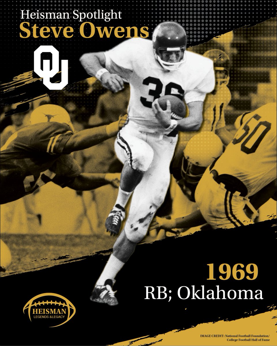 cfbhall's tweet image. Steve Owens ran for @OU_Football from 1967–1969, scoring 56 TDs, recording 17 straight 100-yard games, and rushing for 1,523 yards with 138 points in 1969. 

He carried 55 times for 266 yards against Oklahoma State and capped his career as a unanimous All-American and…