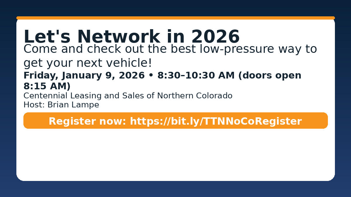 ⏳ 21 days to NoCo Area TableTop Networking!

Fri, Jan 9, 8:30–10:30 AM (doors 8:15) at Centennial Leasing and Sales of Northern Colorado—hosted by Brian Lampe.

Reg closes in 19 days.

Register: bit.ly/TTNNoCoRegister

#Networking #NoCoBusiness 🤝