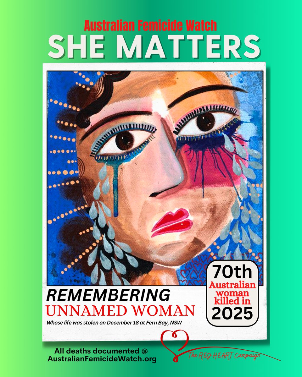 ShereleMoody's tweet photo. ❤️SHE MATTERS: UNNAMED WOMAN❤️

'No one knows what people are struggling with behind closed doors. Lovely man. Very sad'
'You don't know all the story'
'Maybe it was a mercy killing - who knows?'
These are just a small selection of the comments on social media after a man murdered his 88-year-old mother in her home at Fern Bay, NSW, on December 18. 
Thomas Andrew Tapley, 61, is charged with murder (domestic violence)
She is the eighth of nine Australian female victims of male violence confirmed over the past week and the 70th of 71 Australian women killed this year. 
The as-yet unnamed woman is the 175th woman killed since January 1 of 2024.
Imagine thinking it is somehow acceptable for a man to kill a woman? Wait. I do not have to imagine it because in almost every femicide I document, people find a way to excuse the killer's actions, to put blame on her and to show us how much of a 'good bloke' he is. 
Women rarely get empathy in the wake of their murders.
We really haven't moved the dial on victim-blaming, have we? With the femicide numbers rising year on year, we haven't shifted the dial on male violence either.
As we head closer to Christmas, we are likely to see more femicides. This time of the year, police document significantly higher rates of domestic and family violence - not to mention associate violence and stranger violence.
A Christmas Eve vigil for all women and children killed this year will be held at the She Matters Mural, Hosier Lane, Melbourne, from 5.30pm on December 24.

THE UNNAMED WOMAN MATTERS❤️

❤️ https://t.co/nHzkWPNcYV