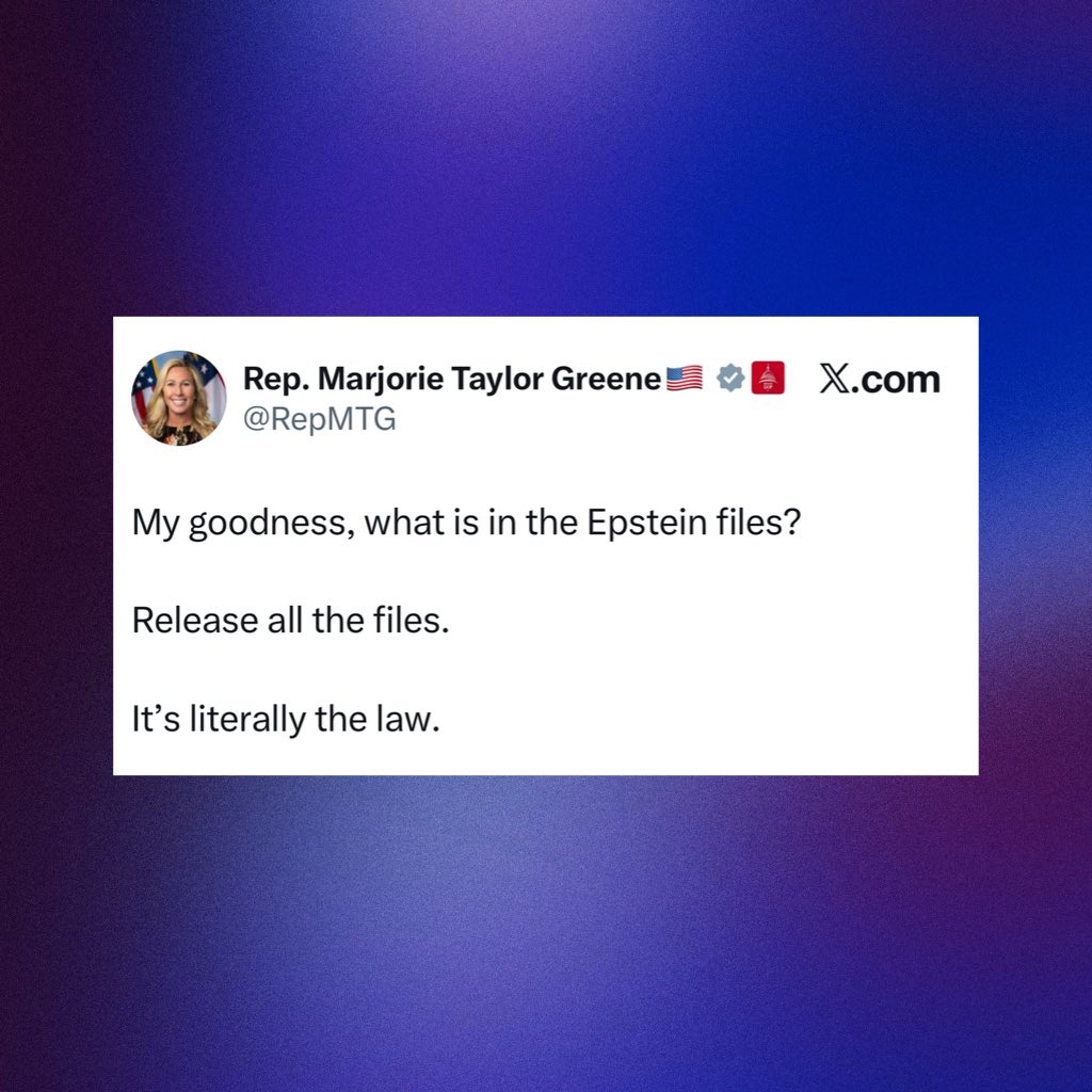 PopBase's tweet image. Rep. Marjorie Taylor Greene criticises the Department of Justice for only partially releasing the Epstein files:

“My goodness, what is in [the files?]. Release all the files. It’s literally the law.”