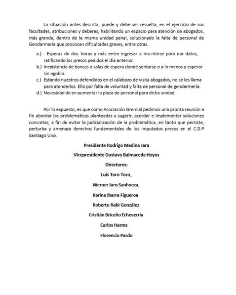 Carta enviada el día de hoy al Subsecretario de <a href="/SubseJusticiaCl/">Subsecretaría de Justicia</a> y al Director Nacional de <a href="/Gendarmeria_CL/">Gendarmería de Chile</a> esperamos poner pronta solución a los graves problemas que nos aquejan como gremio de abogados defensores en Chile