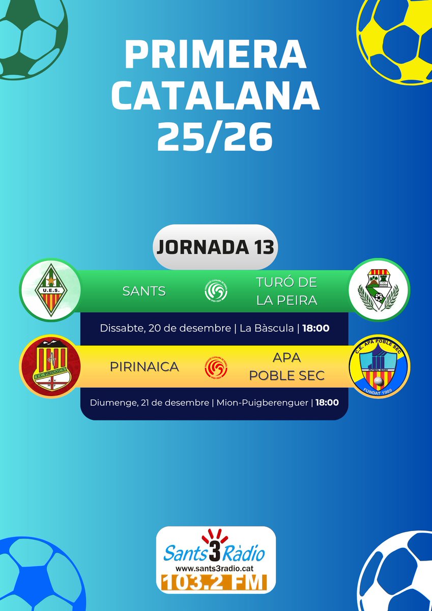 ⚽️ L'ÚLTIM DE L'ANY ⚽️

El Sants rep el segon classificat amb la necessitat de tapar la ferida provocada pels resultats de les darreres jornades.

L'APA Poble Sec visita Manresa amb ganes de donar un cop sobre la taula, abans d'acollir el Derbi a La Satalia.

#️⃣ #1cat2