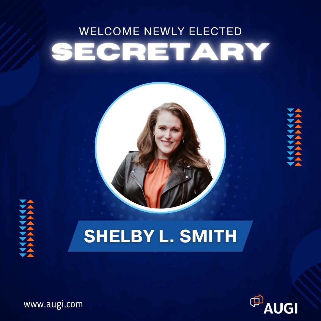 AUGI's tweet photo. We've made a few changes to our leadership team on the AUGI Board of Directors. We're thrilled to announce that Shelby L. Smith is now serving as our new Secretary. Congratulations, Shelby! https://t.co/RRXhd3OcA6