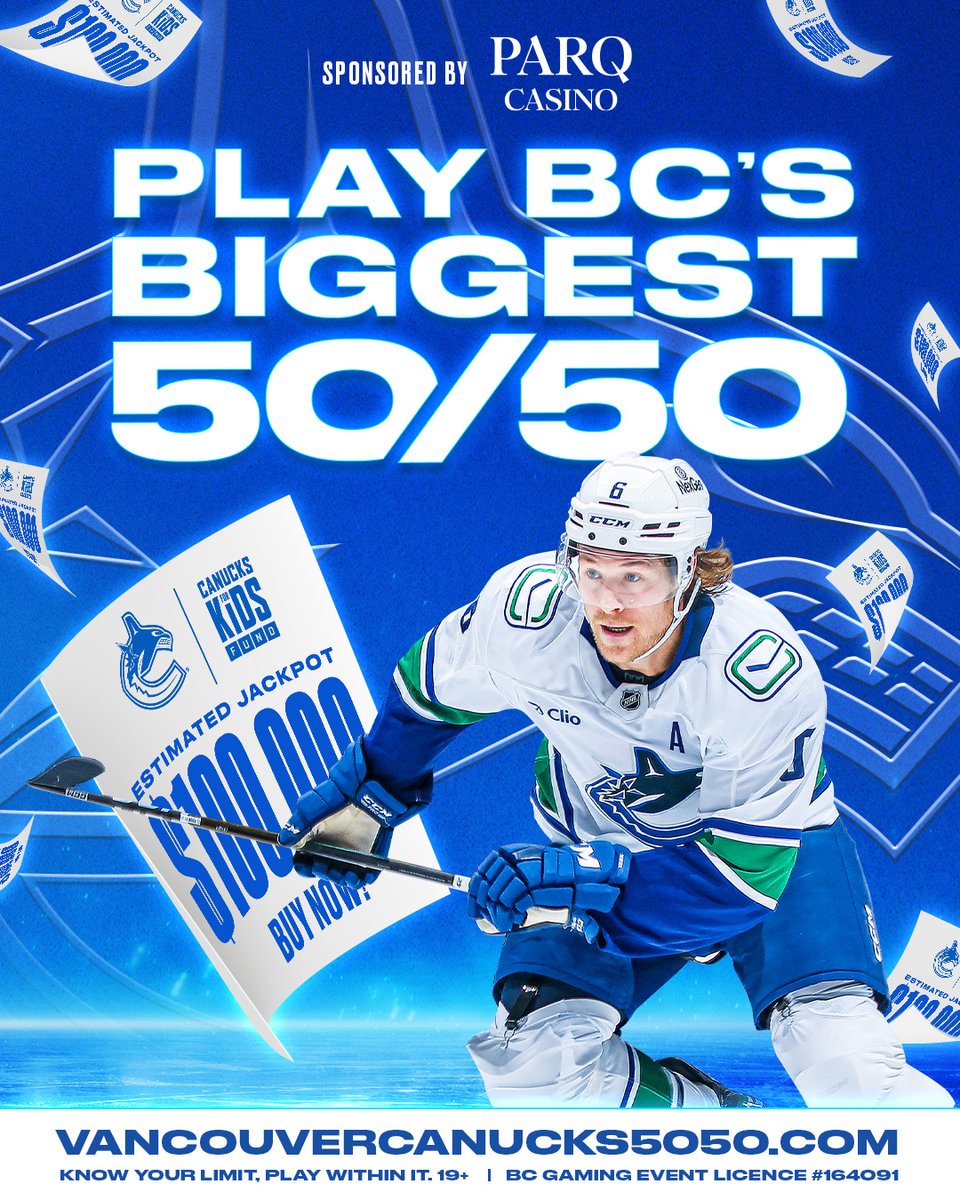 Canucks's tweet photo. The @Canucksforkids 50/50 raffle sponsored by @parqvancouverbc is now LIVE for tonight's game against the Islanders! 💰

Must be 19+ and located in BC to play.

BUY NOW | https://t.co/g63Hw86KuC https://t.co/hwapjcBazZ