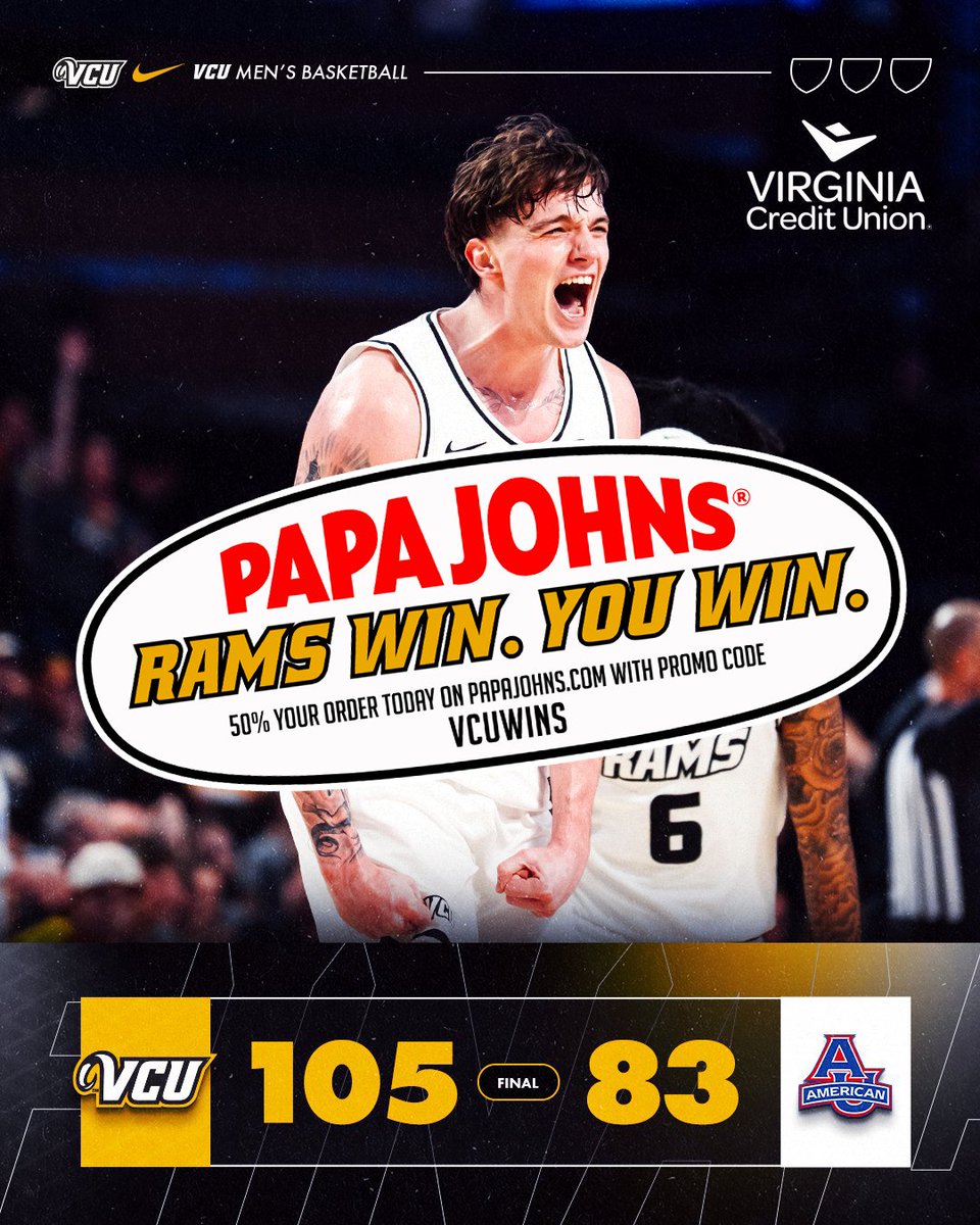 VCUSportsProp's tweet photo. RAMS WIN. YOU WIN.

Enter promo code "VCUWINS" at https://t.co/Sc0no93LGd for 50% off your order until end of day today (12/19)!

#LetsGoVCU | @PapaJohns https://t.co/eVH2deTgcG