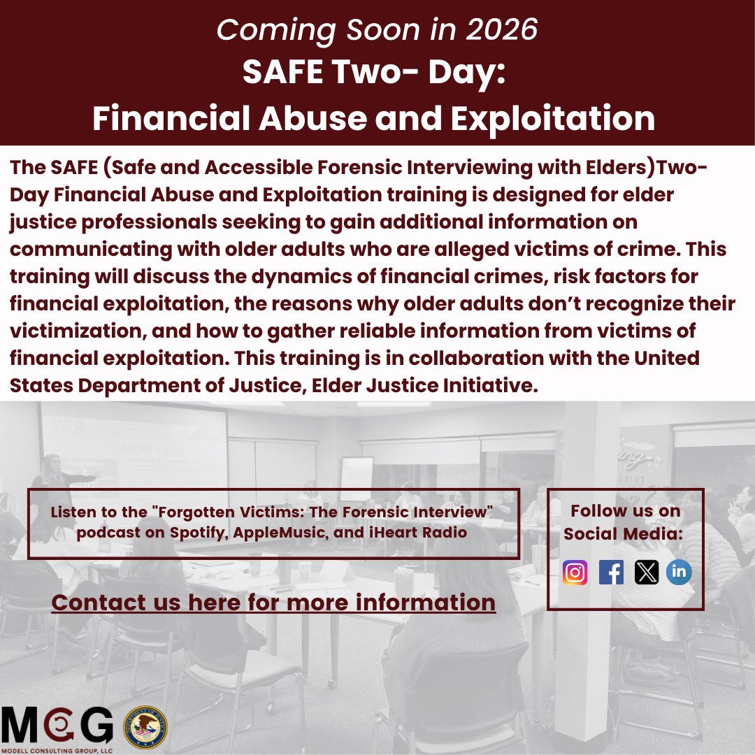 Modellconsult's tweet image. Coming soon in 2026! SAFE Two-Day: Financial Abuse and Exploitation, a specialized training for elder justice professionals working with older adults who may be victims of financial crime.

#MCGTrainings
#SAFE
#ElderJustice