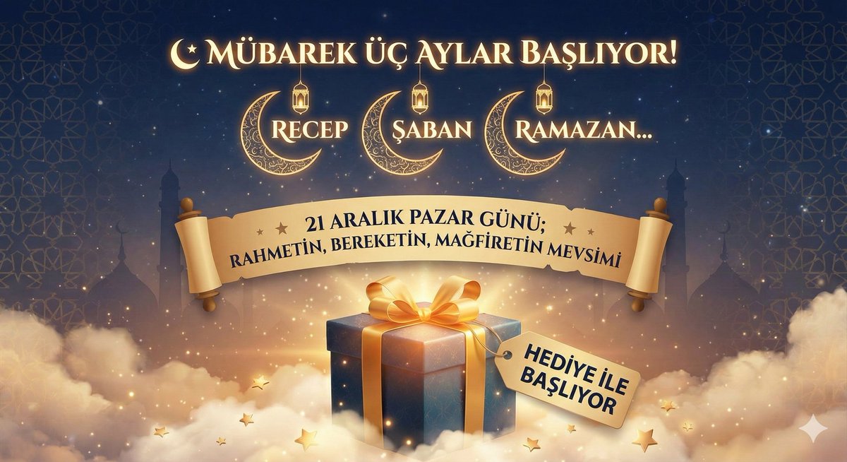 🌙 *MÜBAREK #ÜÇAYLAR BAŞLIYOR!

Recep, Şaban, Ramazan…  
#21Aralık Pazar* günü; rahmetin, bereketin, mağfiretin mevsimi başlıyor.

Bu aylar;  
❤️ Kalpleri yumuşatan,  
🤲 Duaları semaya ulaştıran,  
🌟 Her iyiliğin katlanarak yazıldığı aylar...

"*1 verip 10, 100, 1000 alma