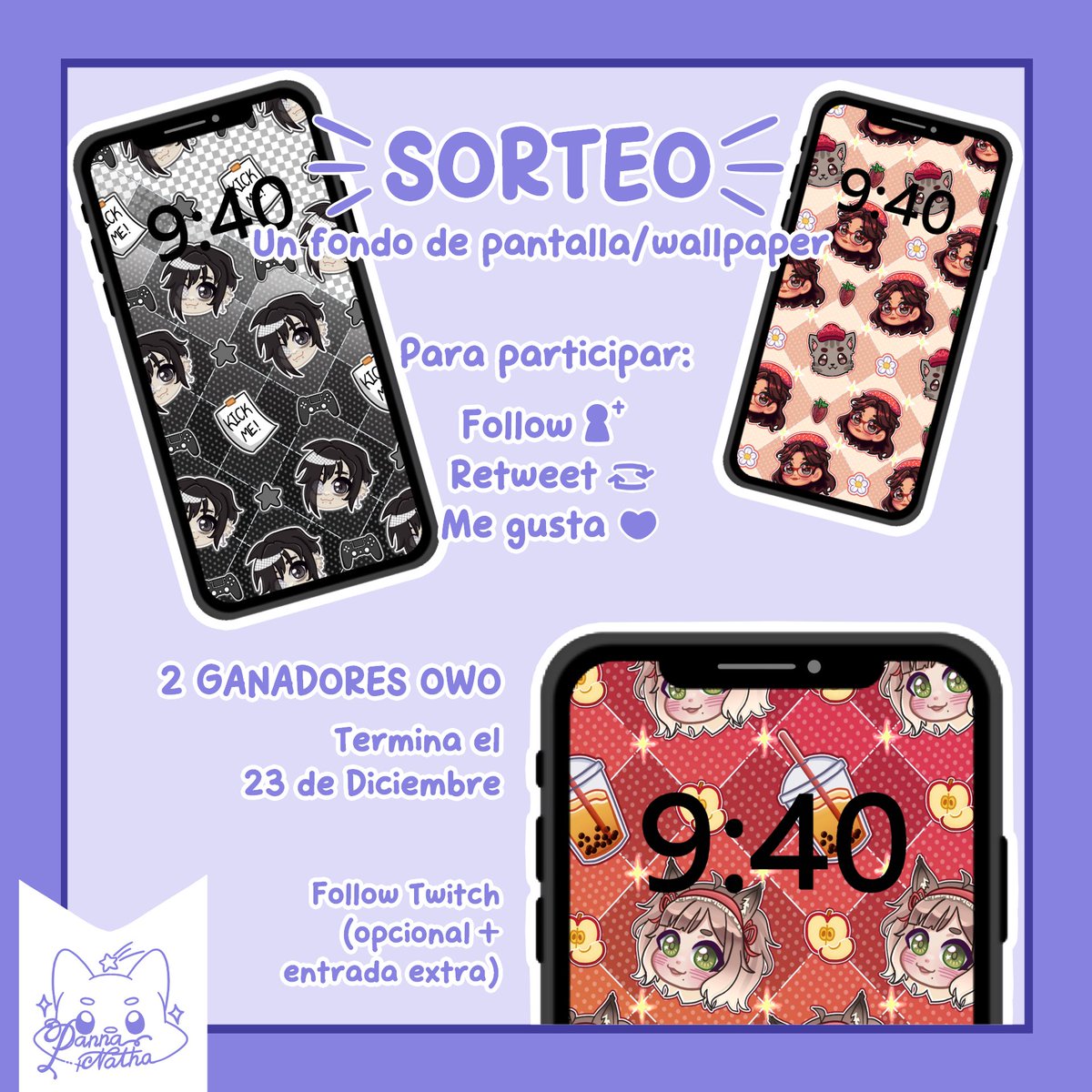 SORTEOOO TIMEEE✨

Pueden ganarse un fondo de pantalla todo cute y coquette jajsj 🎀

REGLAS:
-Follow <a href="/PannaNatha/">Panna〖✩Celestials✩〗</a> 
-Retweet
-Me gusta
-Follow en Twitch (Opcional pero les da una entrada extra) twitch.tv/pannanatha

Termina el 23 de diciembre ⭐️
SUERTEE🍀