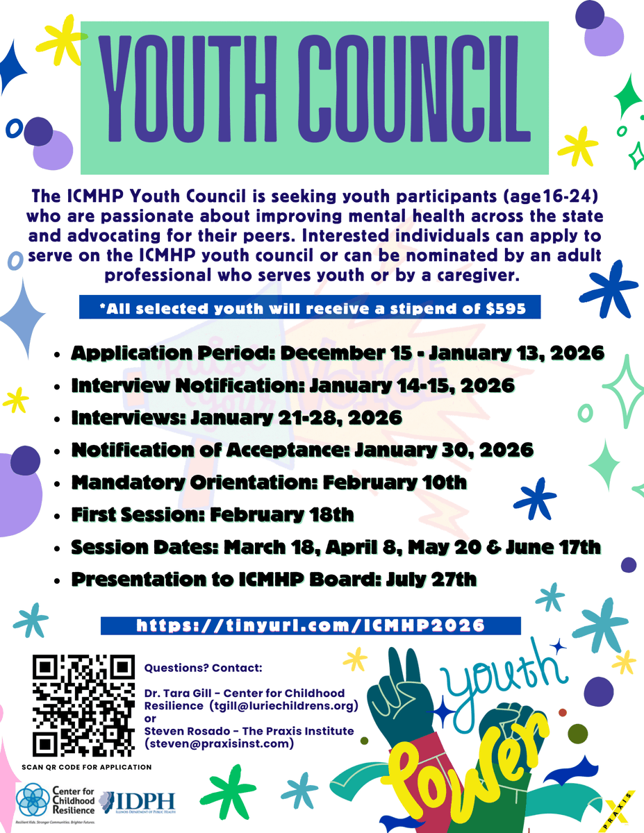 SenMikeSimmons's tweet photo. Calling for all young people! The Illinois Children's Mental Health Partnership (ICMHP) is now accepting applications for 2026! Link in bio or at QR code. https://t.co/650e4CXpaC