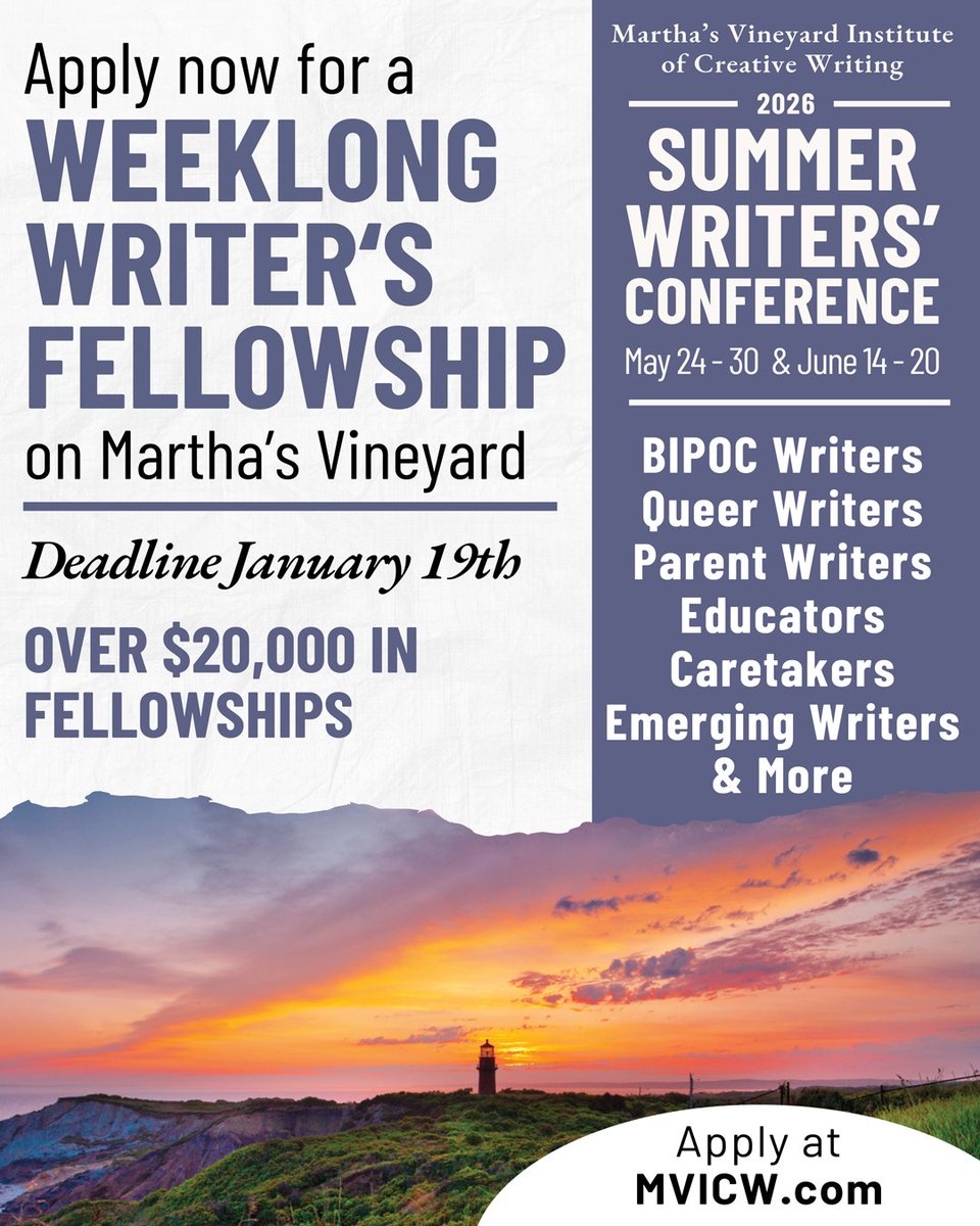 newpages's tweet photo. Martha's Vineyard Summer Writers' Conference is offering $20,000+ in fellowships for writers, i.e. parents, BIPOC, Queer, Educators, Caretakers, & Emerging Writers. Winners receive a full attendance package to the annual event.
#writers #writingfellowship https://t.co/YR9ohoe8tS https://t.co/mwfNQjmSch