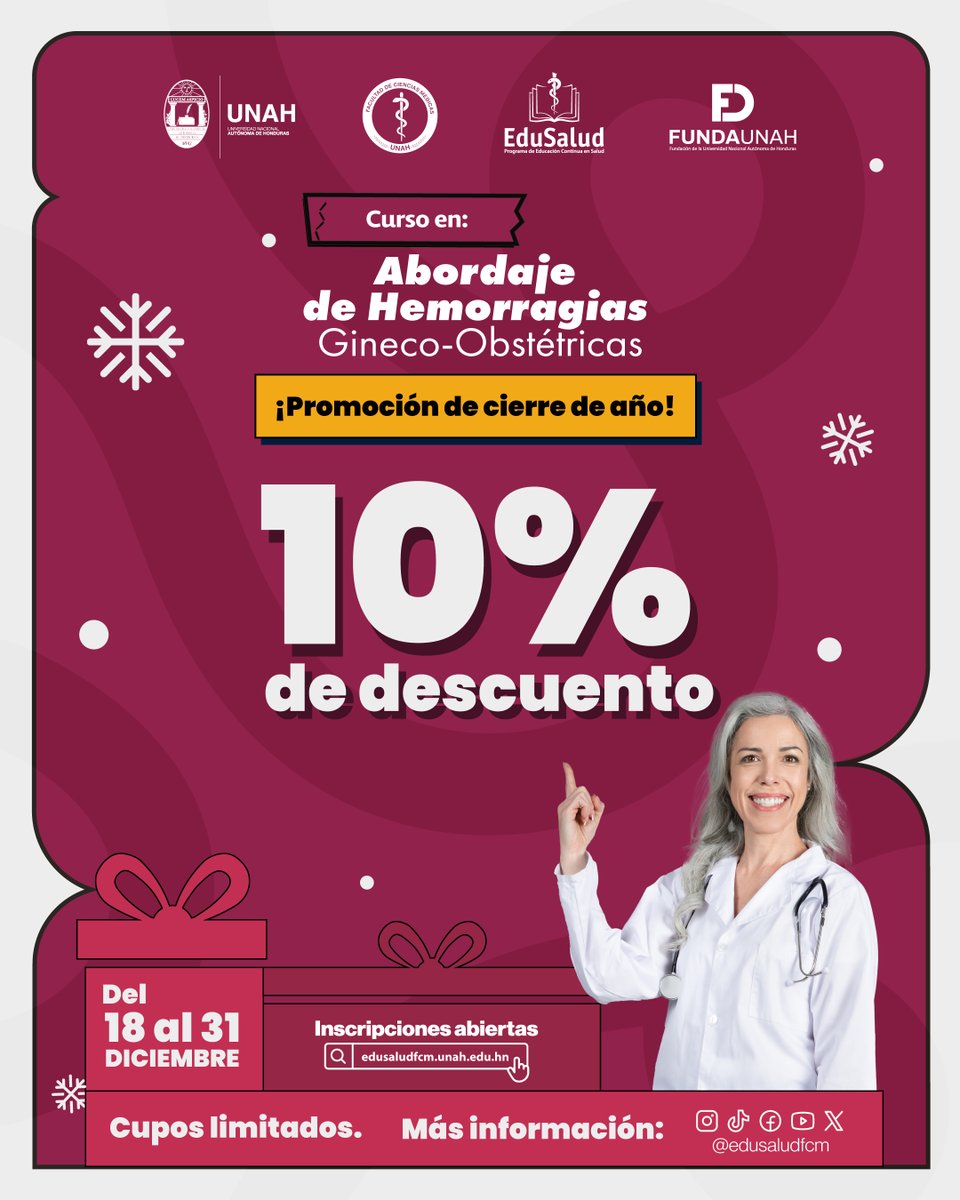 edusaludfcm's tweet photo. 🩺 Curso: Abordaje de Hemorragias Gineco-Obstétricas

🚨 Cuando cada minuto cuenta, tu preparación salva vidas.
🎯 10 % de descuento por cierre de año
📅 Promoción válida del 18 al 31 de diciembre
💻 Modalidad virtual
👉 Inscripciones abiertas: https://t.co/XiLmcFZjpH https://t.co/g71uCiSIc1