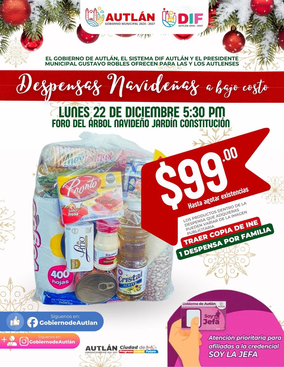 Llegan las Despensas Navideñas a bajo costo a solo $99 pesos para las familias prioritarias de Autlán.

El Presidente Municipal Gustavo Robles Martínez y el Sistema DIF Autlán te invitamos a obtener este gran beneficio.

Lunes 22 de diciembre 6:00 pm