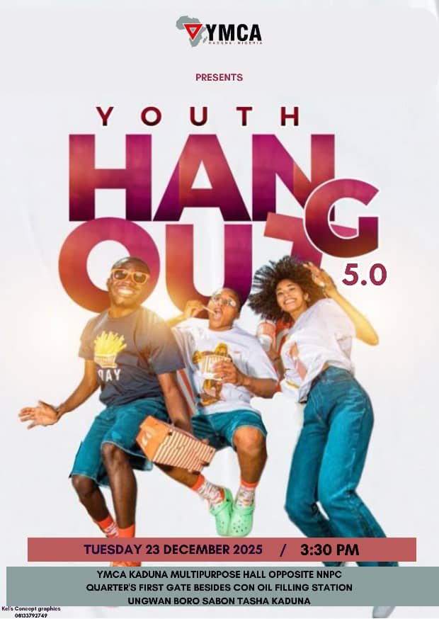 YMCAKaduna's tweet photo. End of the year! YMCA Kaduna Youth Hangout 5.0 
Tuesday, 23 December 2025
Venue: YMCA Kaduna Multipurpose Hall
Opposite NNPC Quarters' First Gate, Beside Con Oil Filling Station, Ungwan Boro, Sabon Tasha, Kaduna
You're all invited!  Don't miss out! Bring friends! https://t.co/rHkfHNzINu