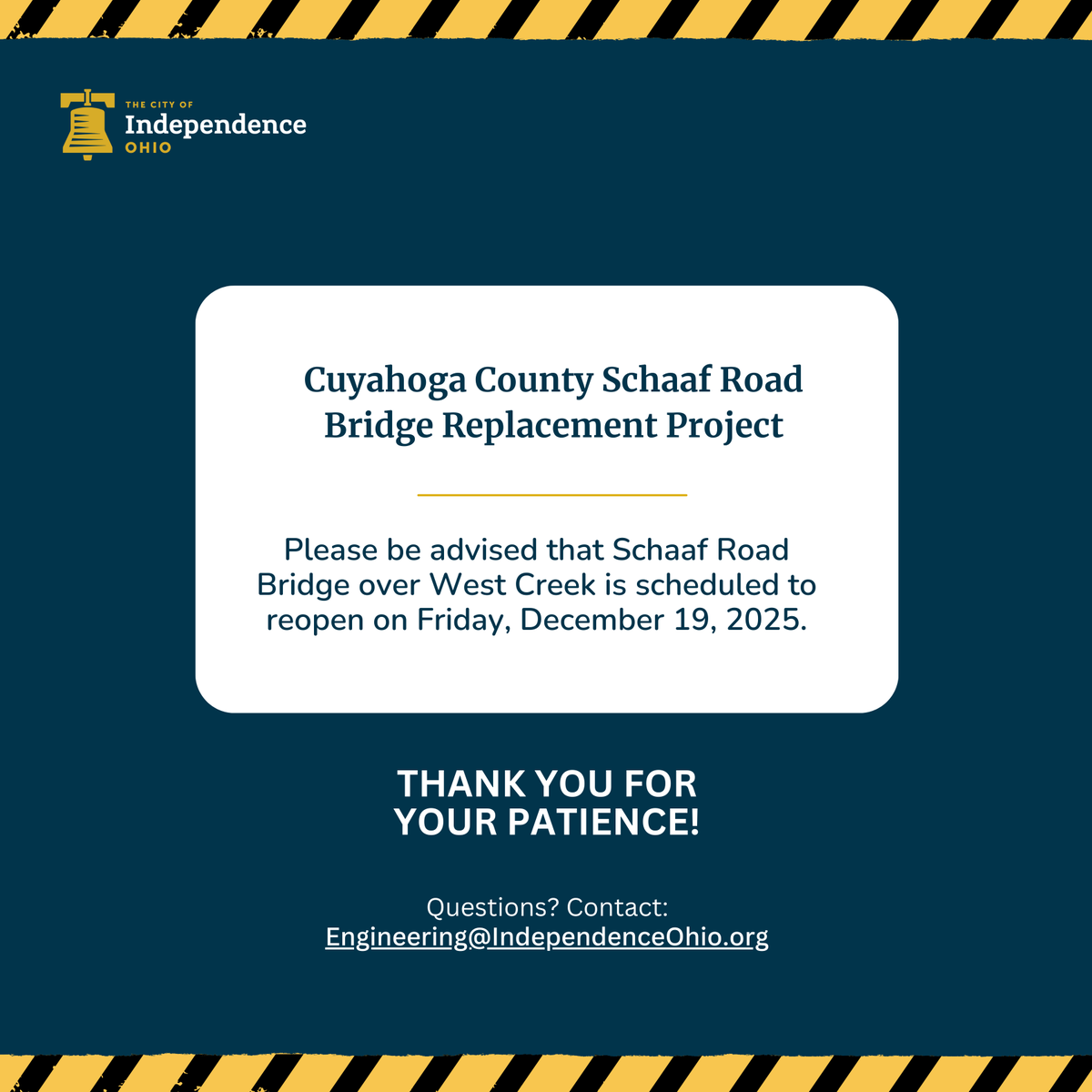 UPDATE: Schaaf Road Bridge is scheduled to reopen today!

Thank you for your patience throughout the duration of this project.