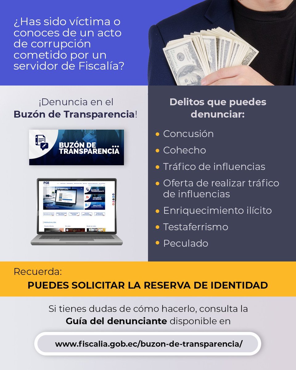 FiscaliaEcuador's tweet photo. ¿Has sido víctima o conoces de un acto de corrupción cometido por un servidor de #FiscalíaEc?
Denuncia de forma segura y confidencial en el Buzón de Transparencia.
👉 https://t.co/cEtQGKibjh https://t.co/oFQiNJhqlI