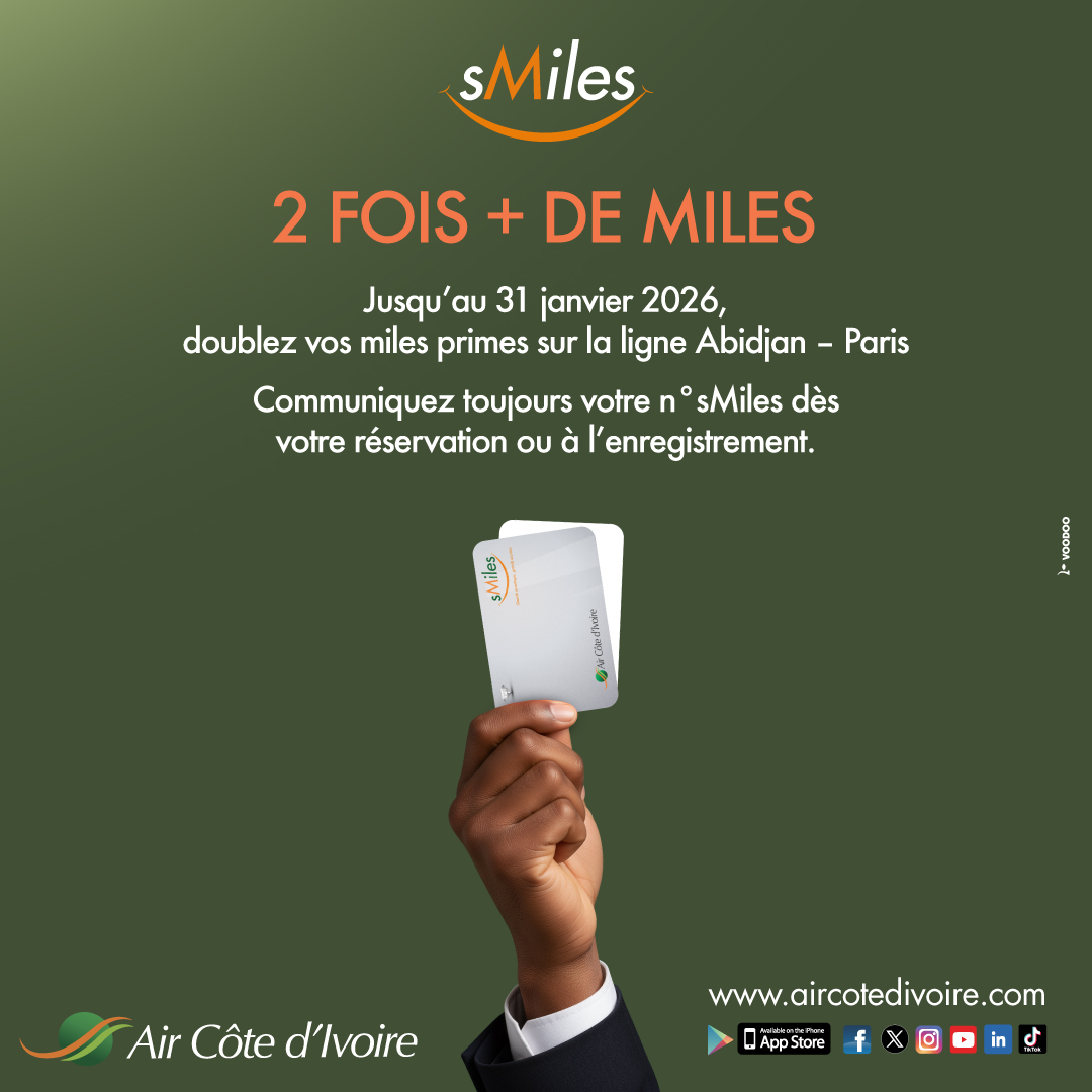AirCI_Officiel's tweet image. Parce que votre fidélité mérite d’être récompensée, doublez vos miles sur la ligne Abidjan–Paris jusqu’au 31 janvier 2026 !
Rdv en agence ou sur notre site web: aircotedivoire.com

#travelaircotedivoire #sMiles #AirCôtedIvoire