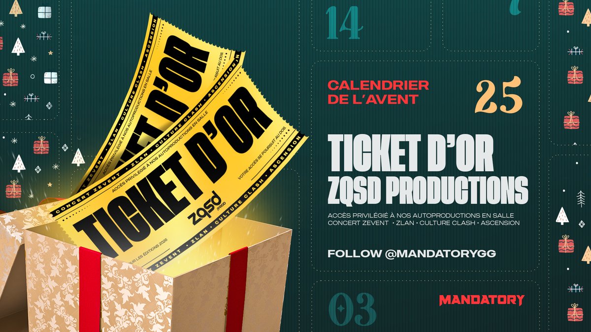 MandatoryGG's tweet image. Tente de gagner le ✨Golden Ticket✨ qui t'ouvrira toutes les portes en 2026 !
1 ticket = 2 places garanties sur tous les évènements de ZQSD Productions dès le mois de février.

Pour participer :
👥 Follow @MandatoryGG et @ZQSDProductions
🔁 RT

TAS le 02/01