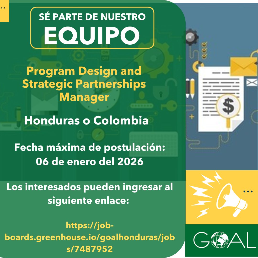 #Convocatoria Program Design and Strategic Partnerships Manager #Honduras o #Colombia

Los interesados ​​pueden ingresar al siguiente enlace: job-boards.greenhouse.io/goalhonduras/j…

Fecha máxima para aplicar: 6 de enero de 2026

#GOALContigo
