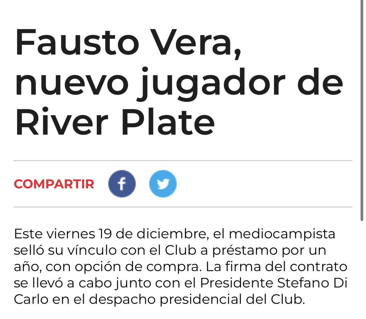 ✅ La operación de Fausto Vera va en línea con la idea del presidente Stefano Di Carlo de bajar los costos de las transferencias. 

➡️ El volante llega a #River con un bajo costo del préstamo y una opción de compra baja si rinde.