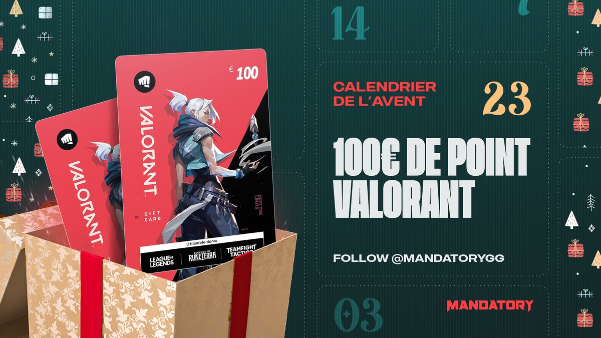 Jamais deux sans trois… oui, encore 100€ de Valorant Points à gagner aujourd’hui ! 🎉

Pour participer :
👥 Follow <a href="/MandatoryGG/">MANDATORY</a>
🔁 RT

TAS le 02/01