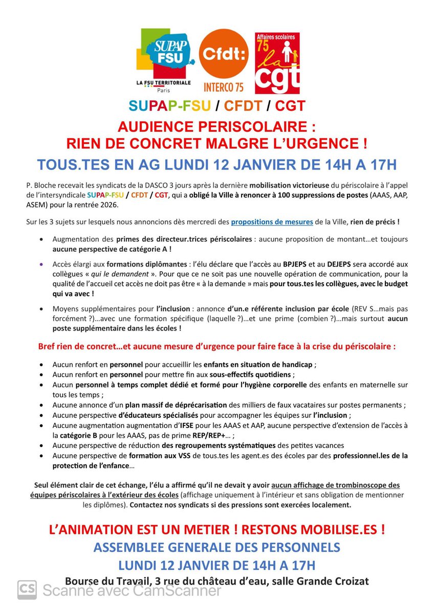 supapfsuanim's tweet photo. #Paris AUDIENCE #PERISCOLAIRE :
RIEN DE CONCRET MALGRE L'URGENCE !
TOUS.TES EN AG 
LUNDI 12 JANVIER DE 14H A 17H https://t.co/ueplb2Kpgu