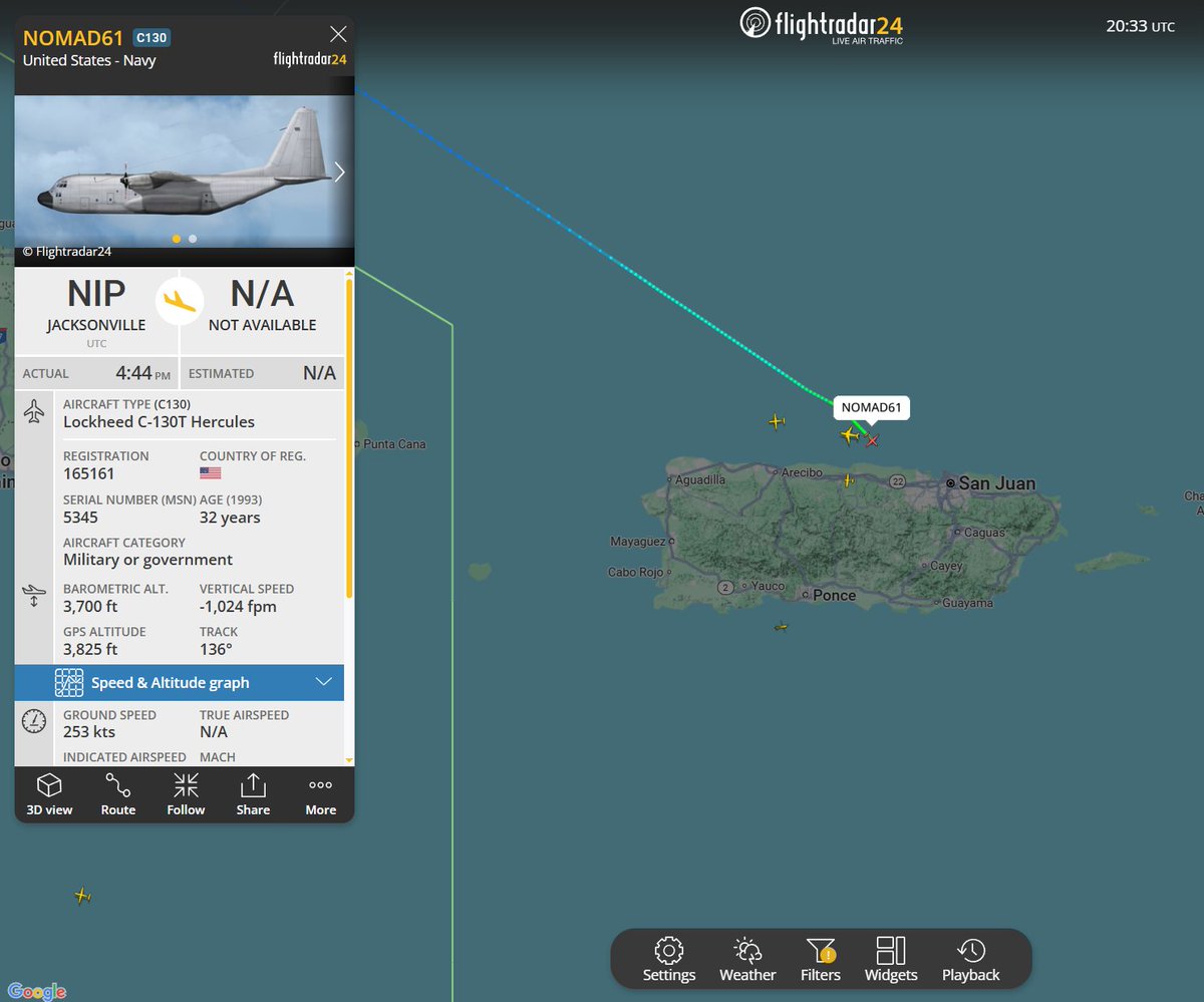 Flightwatcher1's tweet photo. #USNavy C-130T Hercules
Código de llamada: NOMAD61
Matrícula: 165161
Hex: #ae03e9
Desde Jacksonville NAS🇺🇸 hasta San Juan🇵🇷
#PuertoRico #SOUTHCOM https://t.co/1fEZ5FmAmN