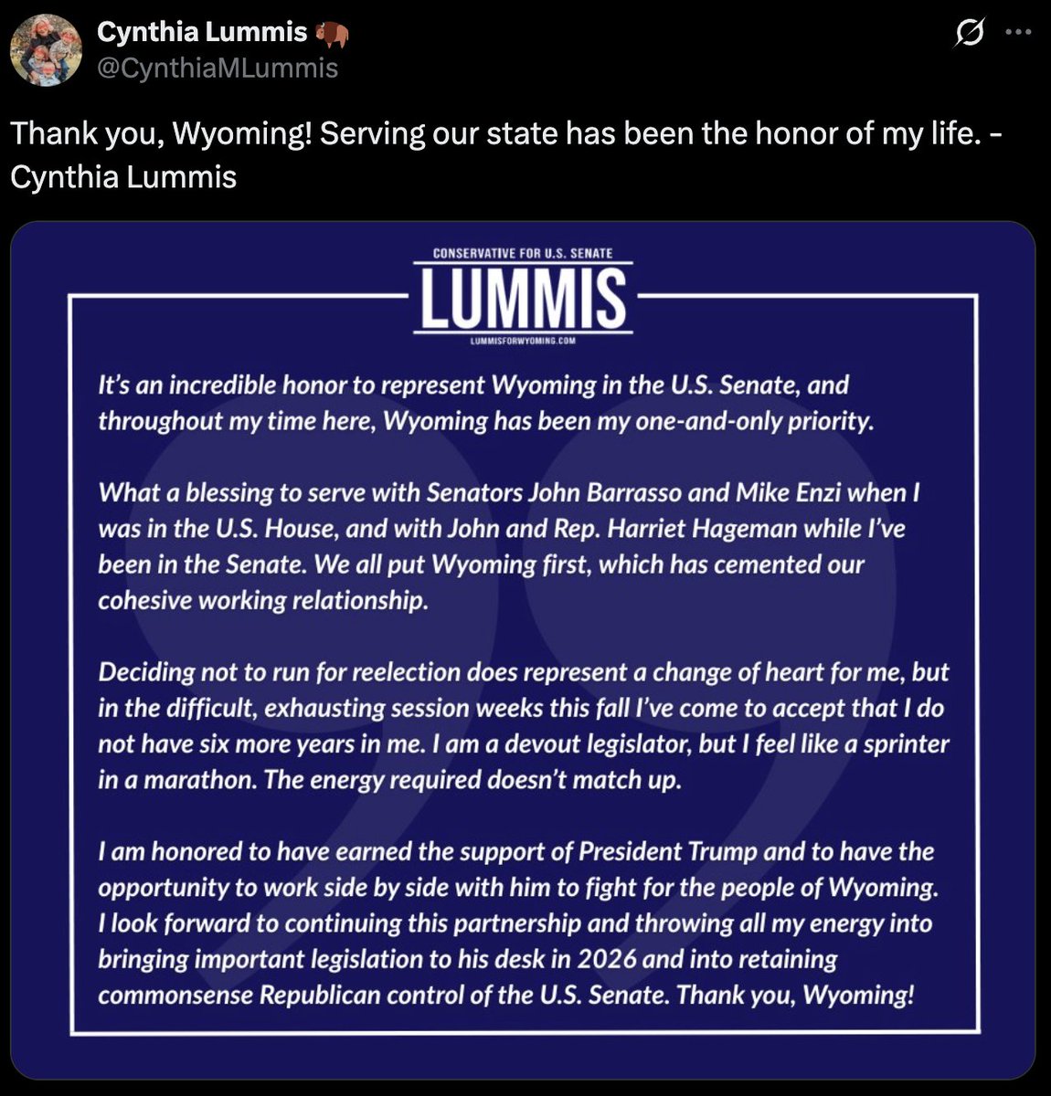 MeidasTouch's tweet image. JUST IN: Republican Senator Cynthia Lummis of Wyoming will NOT run for reelection in 2026